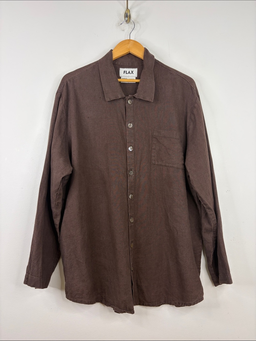 Flax Shirt Womens Medium Dark Brown Long Sleeve Collared Loose Overshirt Blouse